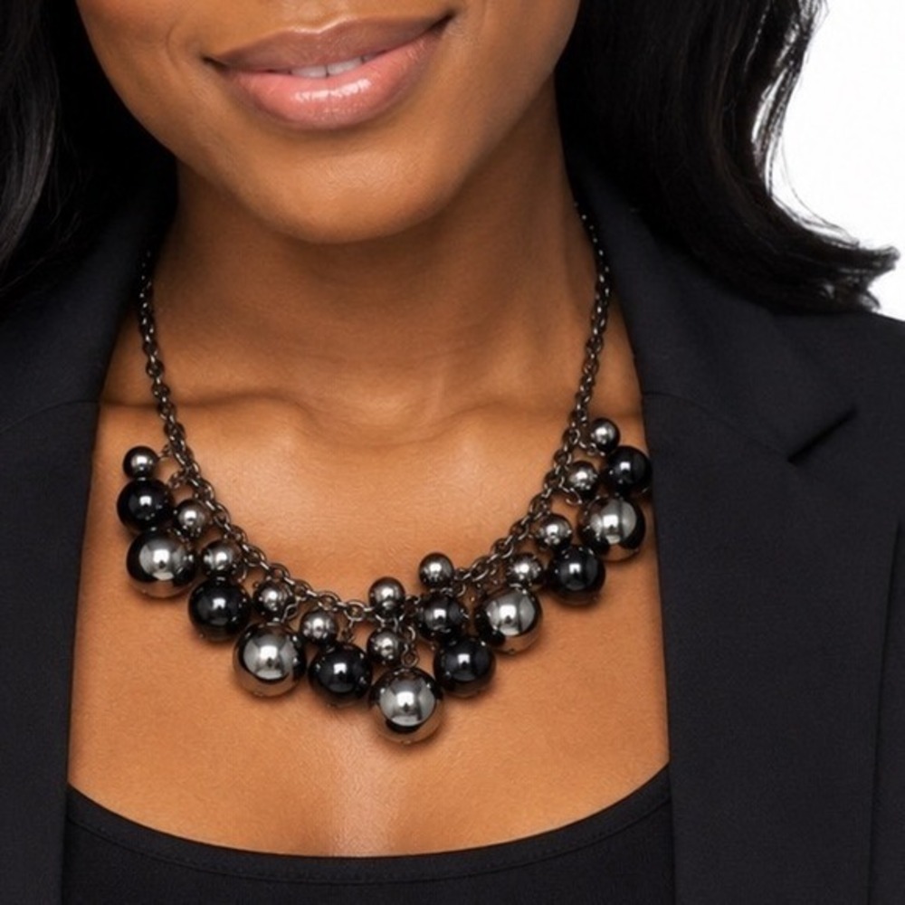Express Gunmetal Statement Necklace Black Metallic Bauble Cluster Bib Chic J-01